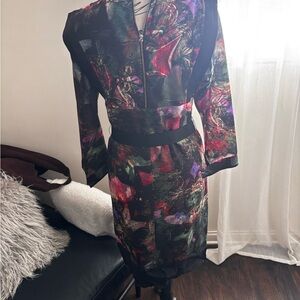 Ted Baker London Black Multi Floral Midi Dress with Zip Detail